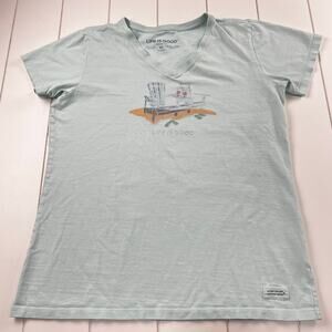 Life is Good V-Neck T-shirt Women's size Medium Light Green Beach Chairs